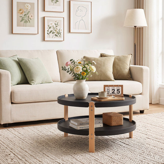 23.5" 2-Tier Round Coffee Table with Solid Wood Legs and Open Storage Shelf-White
