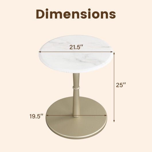 Round Marble Side Table with Stone Finish and Wooden Base for Small Spaces-White and Gold