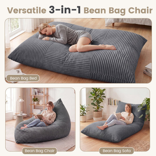 3-in-1 Large Bean Bag Chair with Comfy Corduroy Fabric-Gray