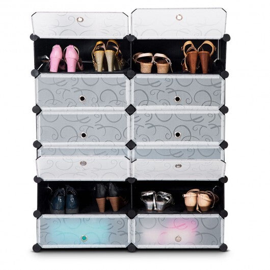 12-Cube DIY Portable Plastic Shoe Rack with Transparent Doors-Black - Color: Black