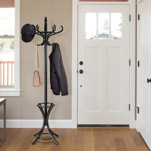 Wood Standing Hat Coat Rack with Umbrella Stand-Brown