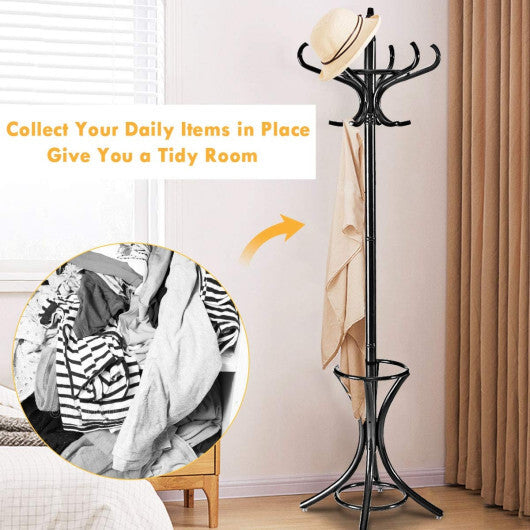 Wood Standing Hat Coat Rack with Umbrella Stand-Brown