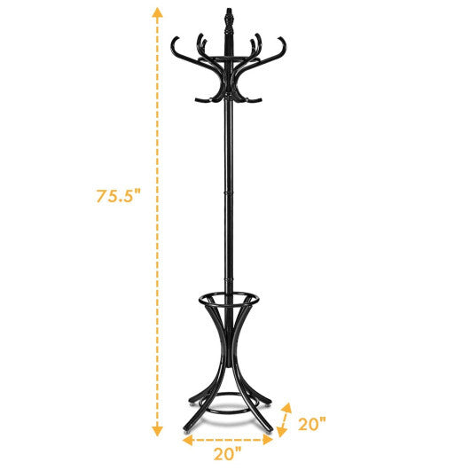 Wood Standing Hat Coat Rack with Umbrella Stand-Brown