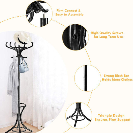 Wood Standing Hat Coat Rack with Umbrella Stand-Brown