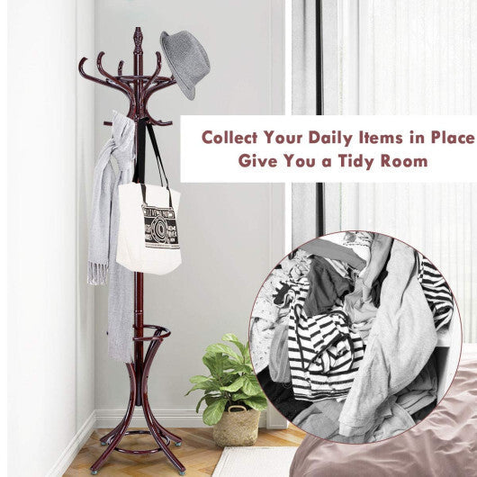 Wood Standing Hat Coat Rack with Umbrella Stand-Brown
