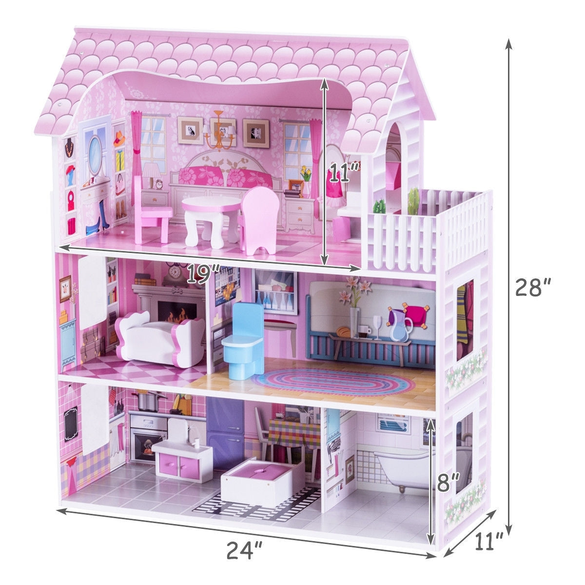 28 Inch Pink Dollhouse with Furniture - Color: Pink