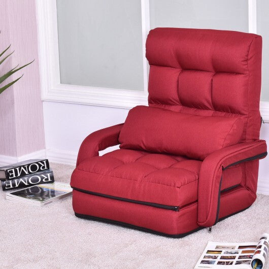 Folding Lazy Floor Chair Sofa with Armrests and Pillow-Blue