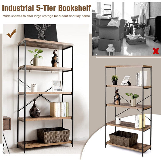 Multipurpose Open Bookcase Industrial Rack Wide Standing Storage Shelf-Brown - Color: Brown