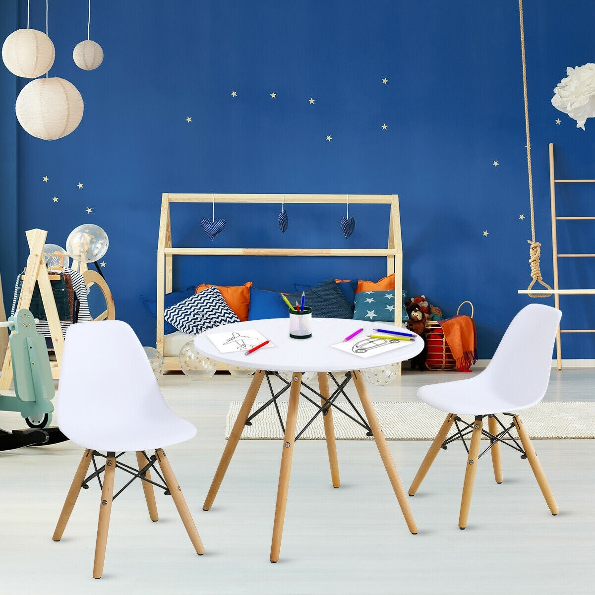 Kid's Modern Dining Table Set with 2 Armless Chairs - Color: White