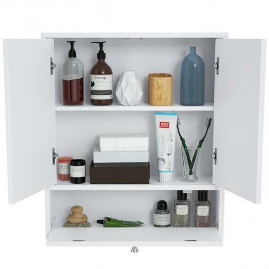 Double Door Wall-Mounted Bathroom Mirrored Medicine Cabinet-White - Color: White