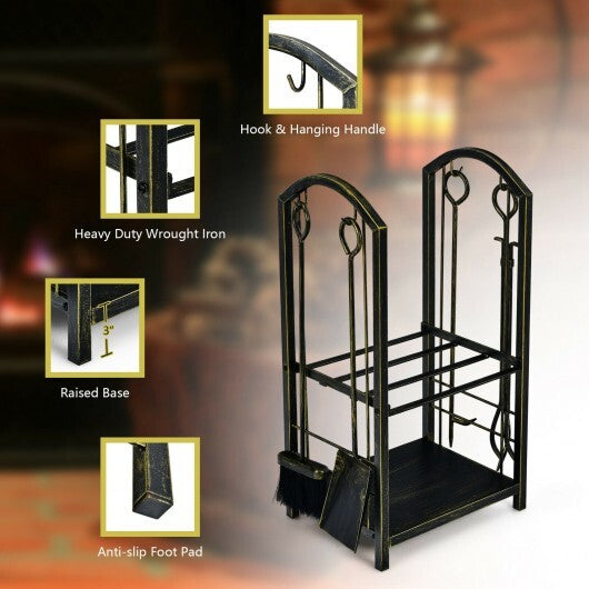 Fireplace Log Rack with 4 Tools Set Fireside Firewood Holder