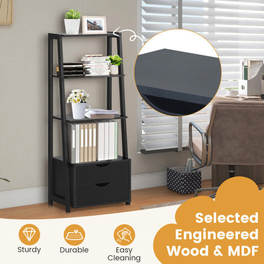 4-Tier Ladder Bookshelf Storage Display with Drawers
