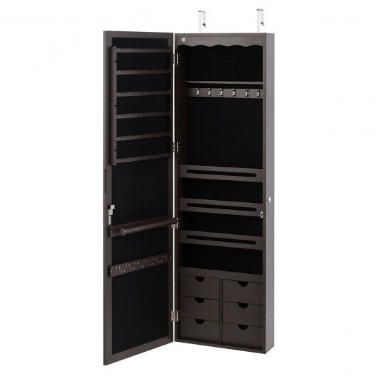 Lockable Wall Mounted Mirror Jewelry Armoire with 5 LEDs and 6 Drawers-Black