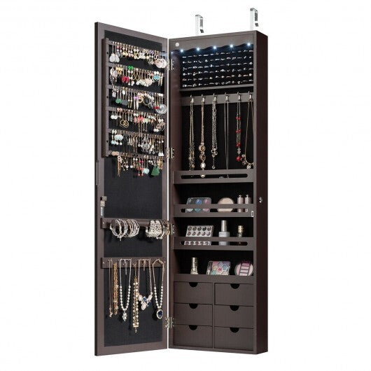 5 LEDs Lockable Mirror Jewelry Cabinet Armoire with 6 Drawers-Brown