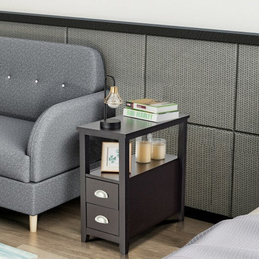 End Table Wooden with 2 Drawers and Shelf Bedside Table-Brown