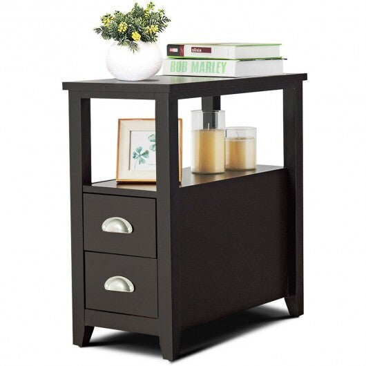 End Table Wooden with 2 Drawers and Shelf Bedside Table-Brown