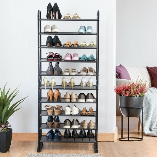 10-Tier Free-Standing Metal Frame Shoe Rack - Color: Black