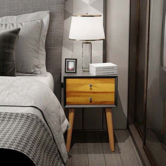 Wooden Nightstand Mid-Century End Side Table with 2 Storage Drawers-White