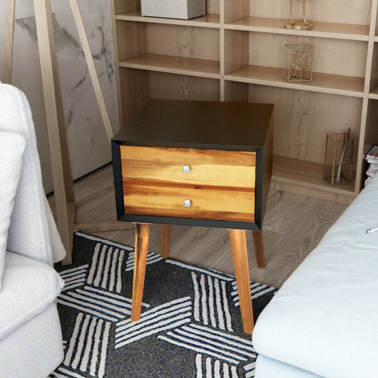 Wooden Nightstand Mid-Century End Side Table with 2 Storage Drawers-White