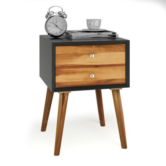 Wooden Nightstand Mid-Century End Side Table with 2 Storage Drawers-White