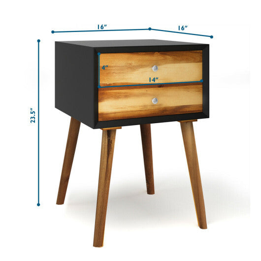Wooden Nightstand Mid-Century End Side Table with 2 Storage Drawers-White