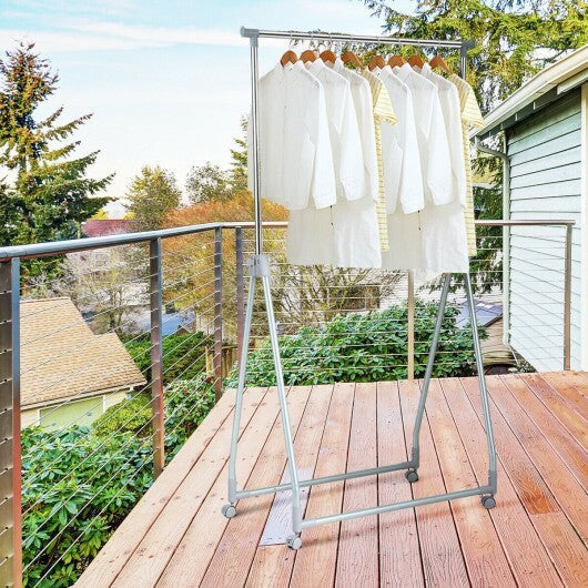 Extendable Foldable Heavy Duty Clothing Coat Rack Stand with Hanging Rod - Color: Silver