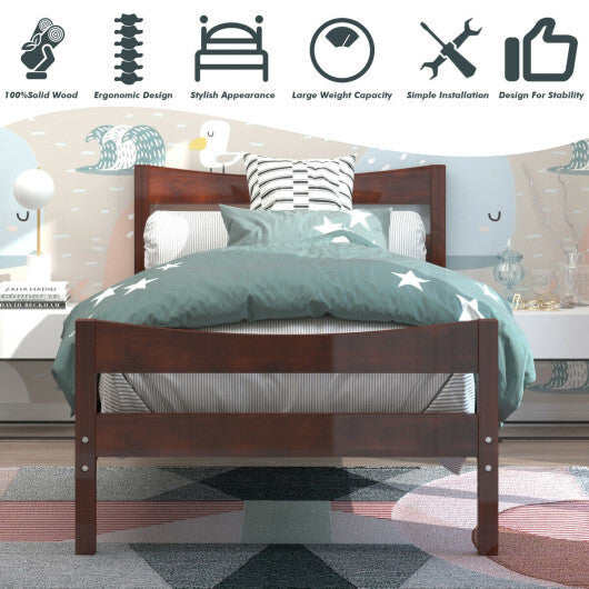 Twin Size Rustic Style Platform Bed Frame with Headboard and Footboard-Dark Brown