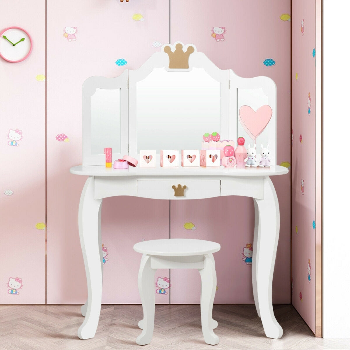 Kids Makeup Dressing Table with Tri-folding Mirror and Stool-White - Color: White