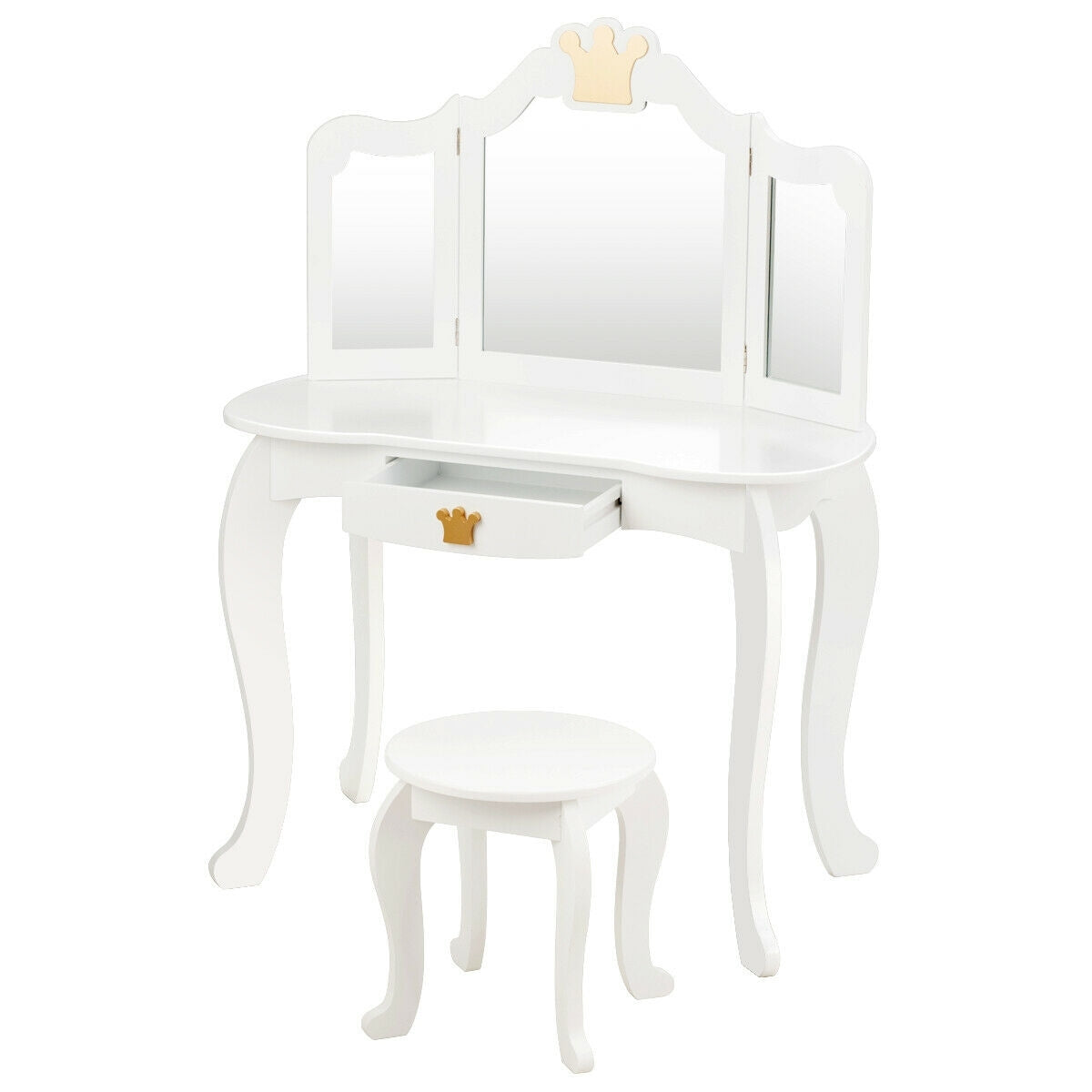 Kids Makeup Dressing Table with Tri-folding Mirror and Stool-White - Color: White