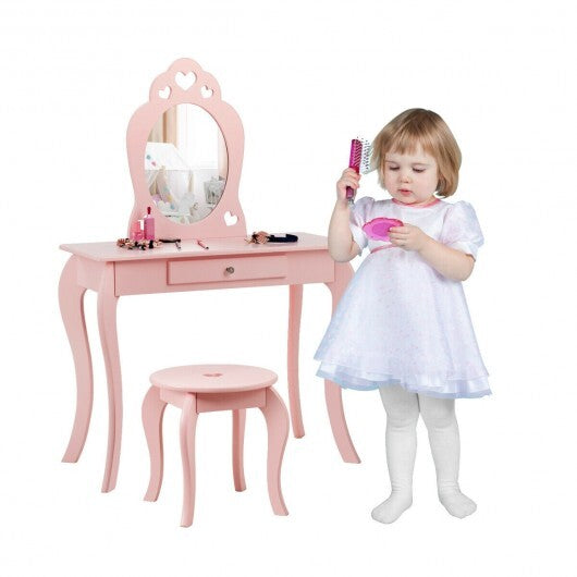Kids Princess Makeup Dressing Play Table Set with Mirror -Pink - Color: Pink