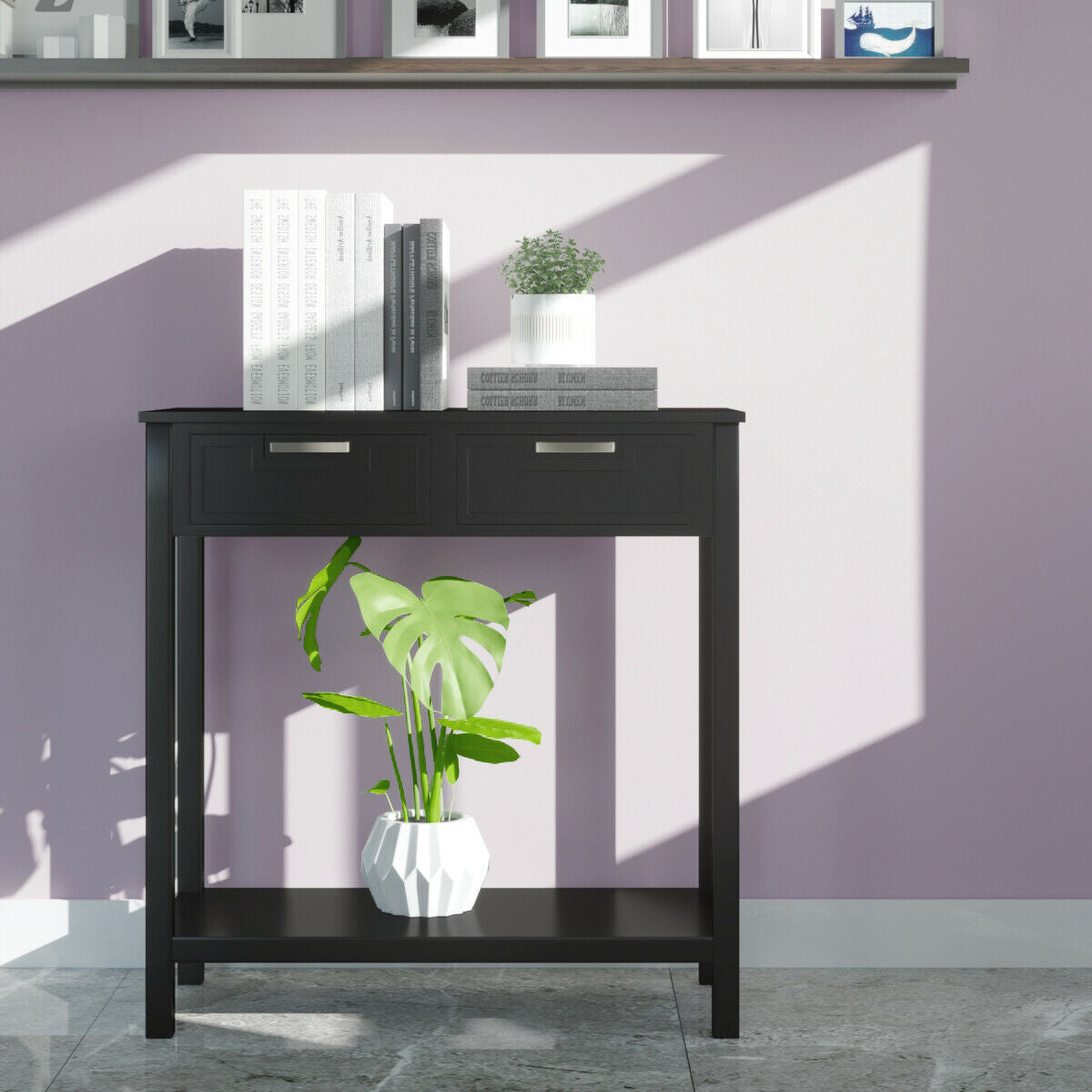 Narrow Console Table with Drawers and Open Storage Shelf-Black - Color: Black