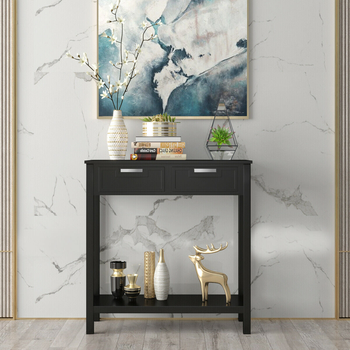 Narrow Console Table with Drawers and Open Storage Shelf-Black - Color: Black