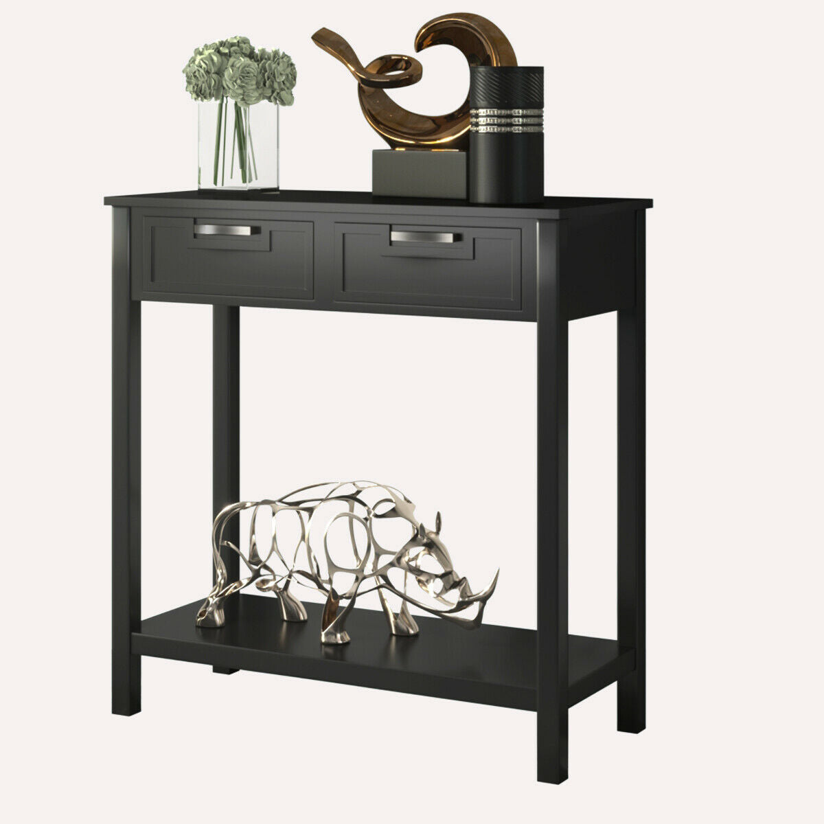 Narrow Console Table with Drawers and Open Storage Shelf-Black - Color: Black