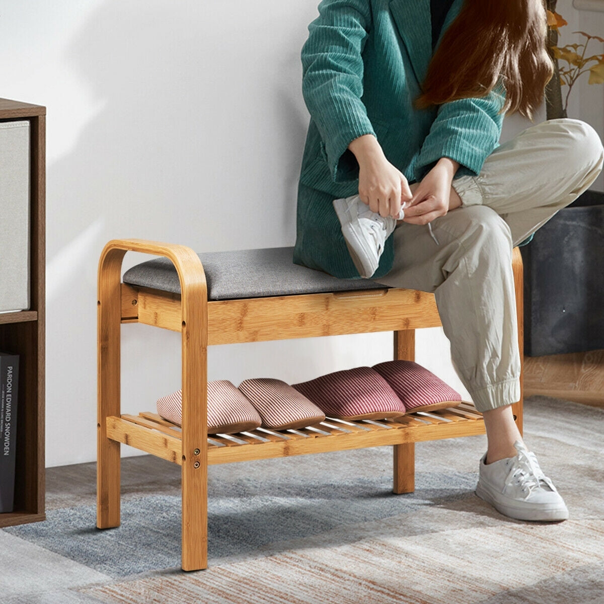 Shoe Rack Bench Bamboo with Storage Shelf-Natural - Color: Natural