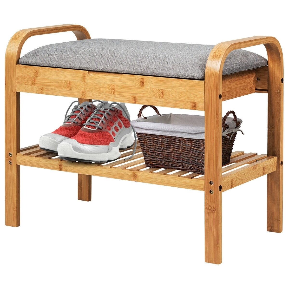 Shoe Rack Bench Bamboo with Storage Shelf-Natural - Color: Natural