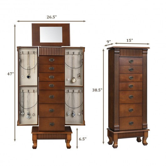 Wooden Jewelry Armoire Cabinet Storage Chest with Drawers and Swing Doors-Brown