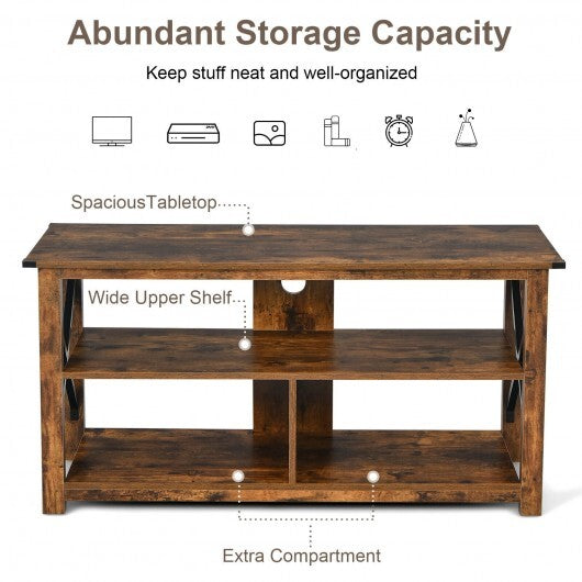3 Tier Wood TV Stand for 55-Inch with Open Shelves and X-Shaped Frame-Brown