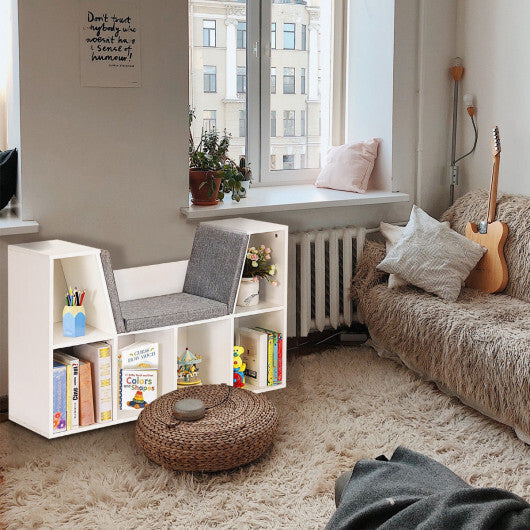 6-Cubby Kid Storage Bookcase Cushioned Reading Nook-Brown