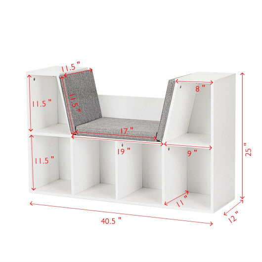 6-Cubby Kid Storage Bookcase Cushioned Reading Nook-Brown