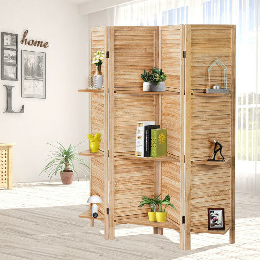 4 Panel Folding Room Divider Screen with 3 Display Shelves-White