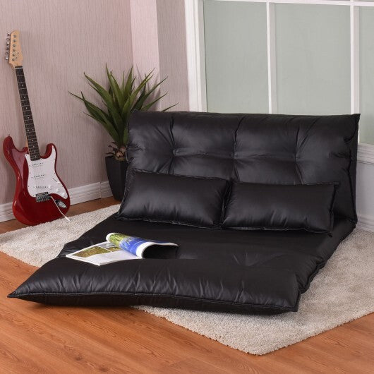 Foldable PU Leather Leisure Floor Sofa Bed with 2 Pillows-Black - Color: Black