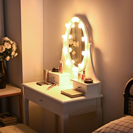 3 Drawers Lighted Mirror Vanity Dressing Table Stool Set-Black