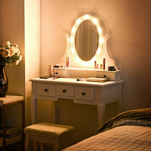 5 Drawers Vanity Table Stool Set with 12-LED Bulbs-Black