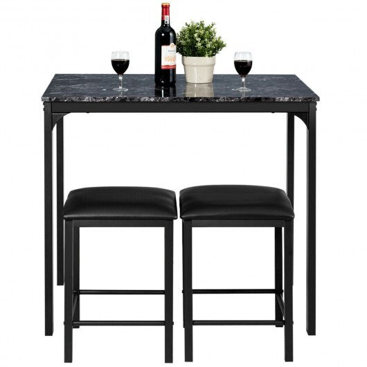 3 Piece Counter Height Dining Set Faux Marble Table-Brown