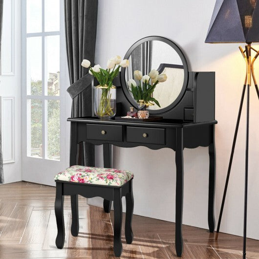 Makeup Vanity Table Set Girls Dressing Table with Drawers Oval Mirror-Black - Color: Black