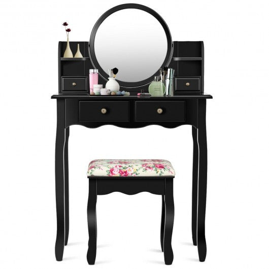 Makeup Vanity Table Set Girls Dressing Table with Drawers Oval Mirror-Black - Color: Black