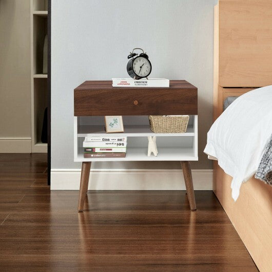Mid-Century Nightstand with Drawer and Rubber Wood Legs - Color: Brown