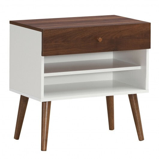 Mid-Century Nightstand with Drawer and Rubber Wood Legs - Color: Brown