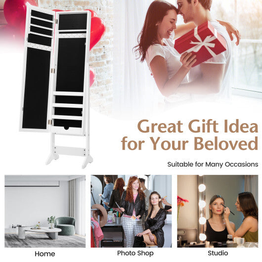 Mirrored Standing Jewelry Cabinet Storage Box-White - Color: White