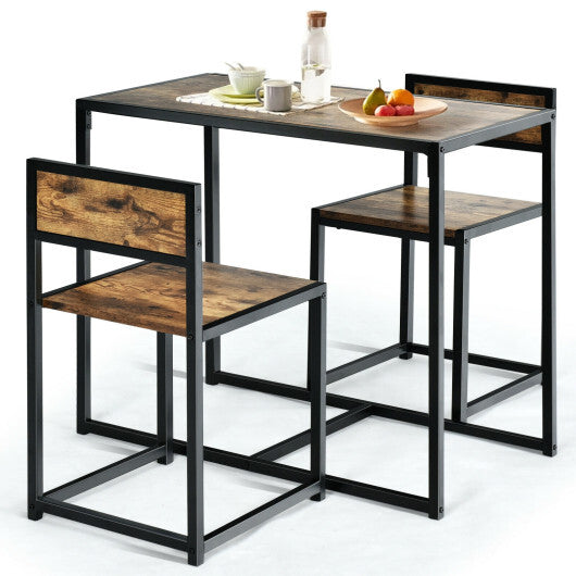 3 Pieces Dining Set Compact Table and 2 Chair with Metal Frame for Small Space-Oak